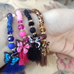 Beaded bracelet pink blue black brown butterfly elastic